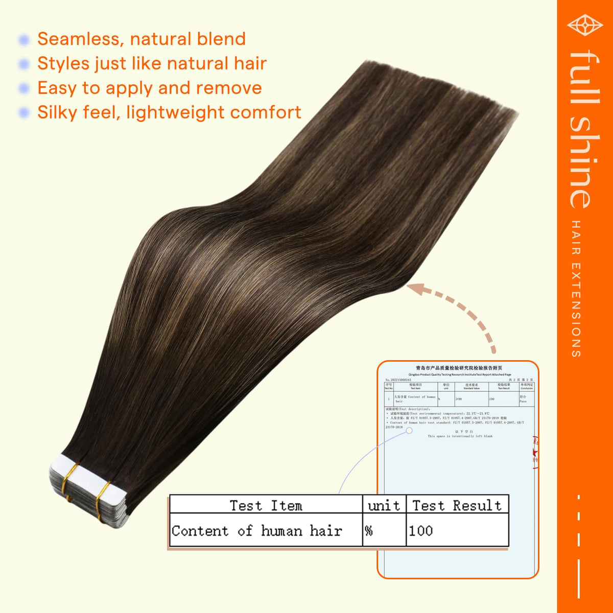 Close-up of Full Shine Tape in Human Hair Extensions 18 Inch Brown Ombre