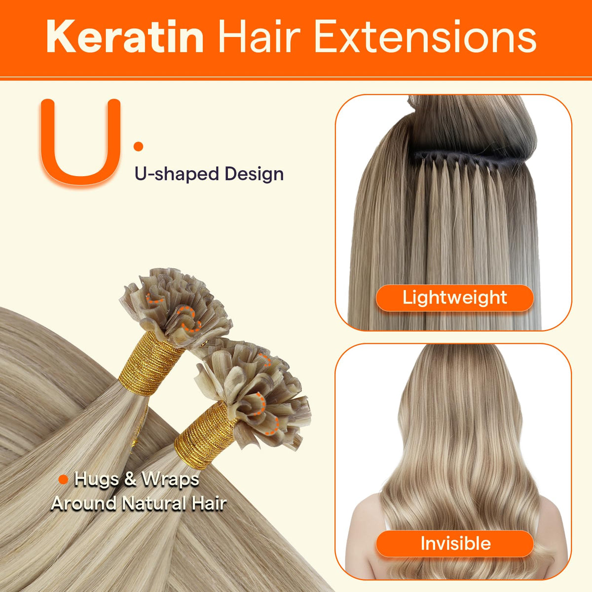 Close-up of Full Shine U Tip Hair Extensions keratin tip