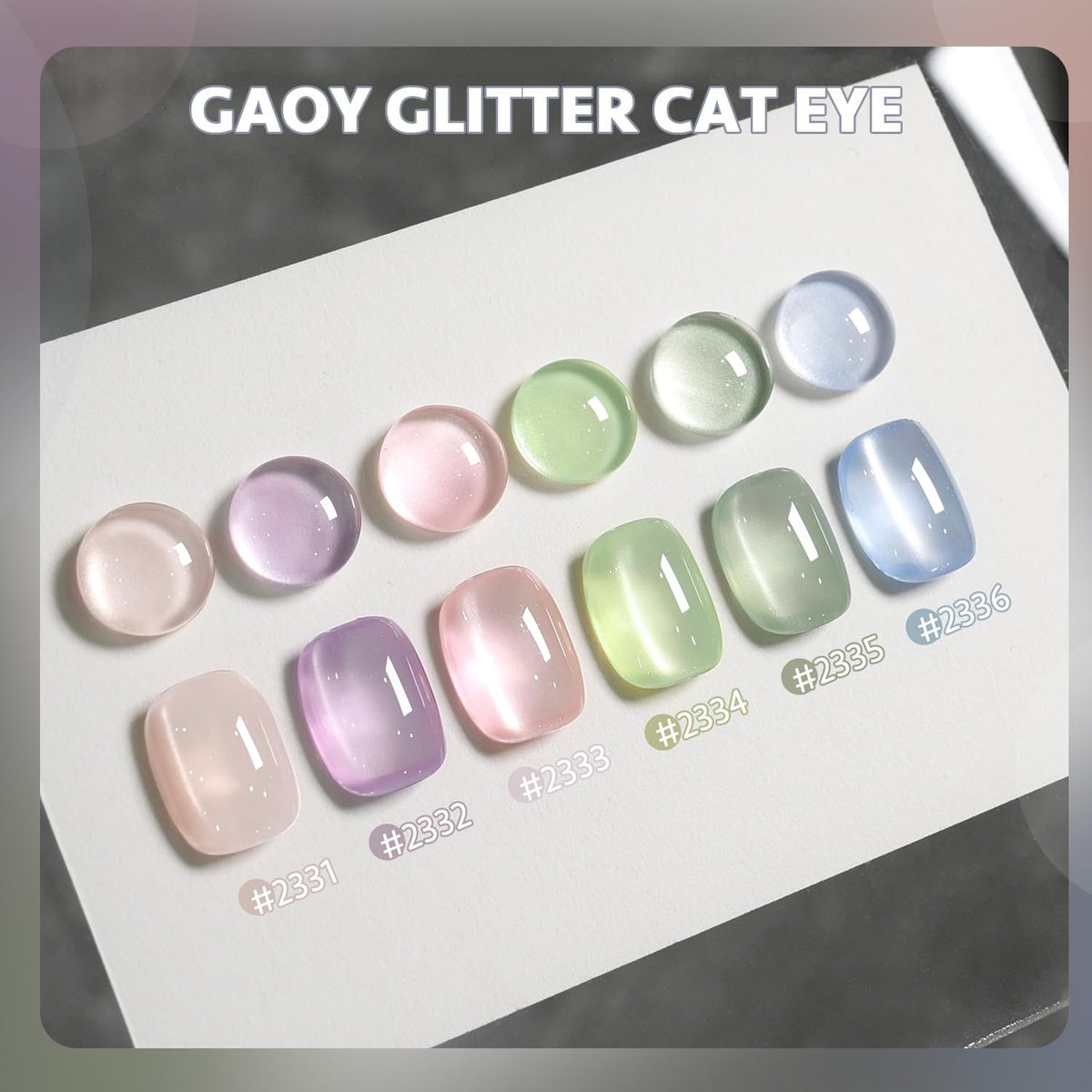 Close-up of GAOY cat eye magnet next to gel nail polish bottles