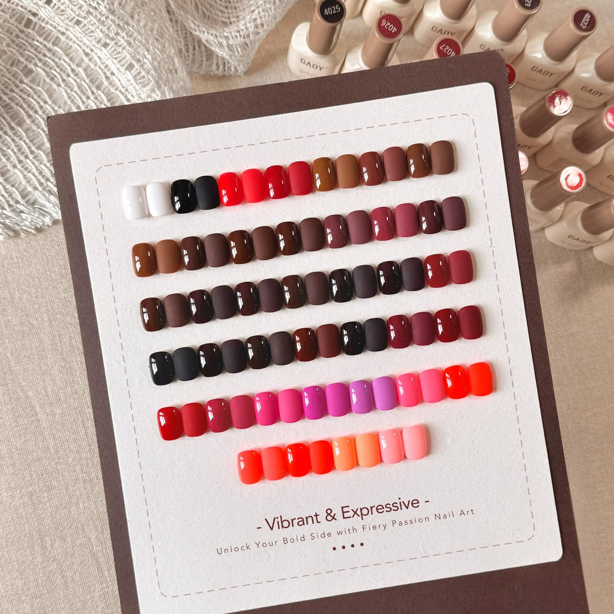 Close-up of GAOY gel nail polish bottles in various colours