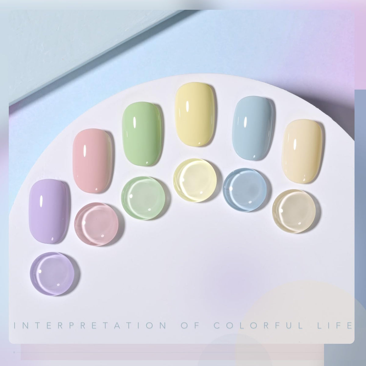 Close-up of GAOY gel nail polish bottles showing pastel colours