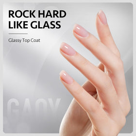 Close-up of GAOY Gel Top Coat bottle with chrome silver design