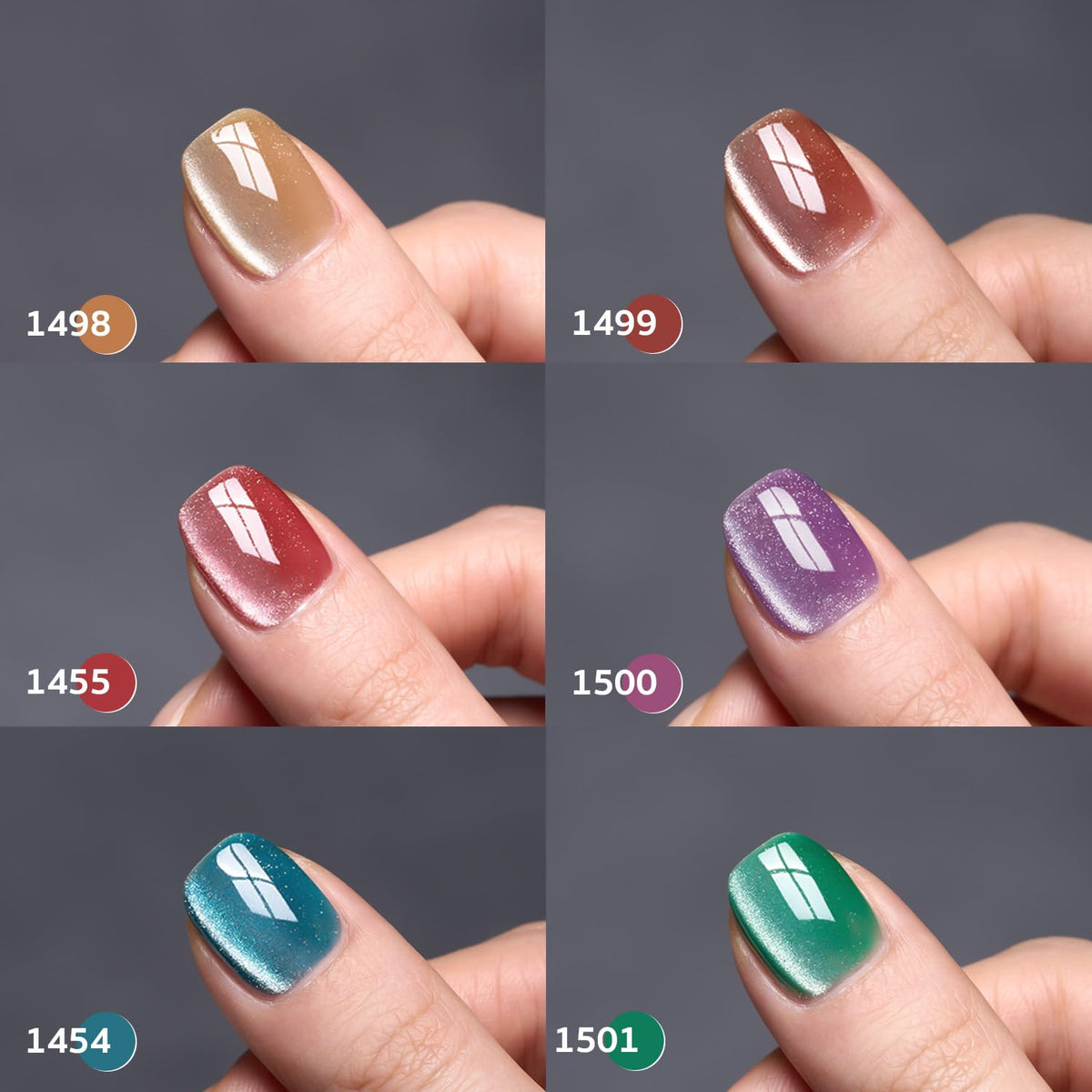Close-up of GAOY Glitter Cat Eye Gel Nail Polish in various colours