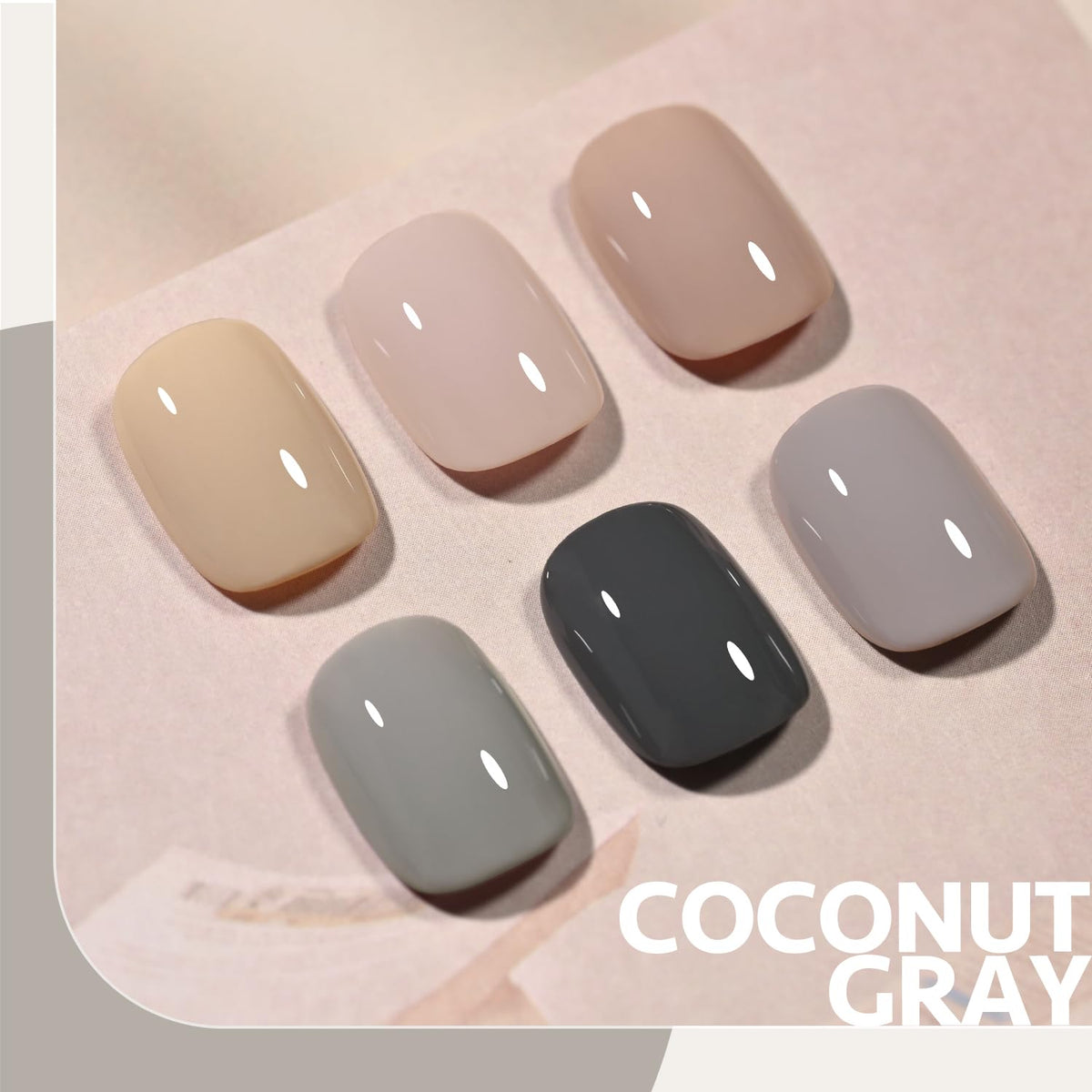 Close-up of GAOY Grey Nude Gel Nail Polish bottles
