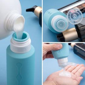 Close-up of Gemice silicone travel bottle with flip top