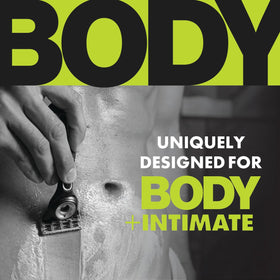 Close-up of Gillette Body + Intimate Razor cartridge with anti-ingrown bar