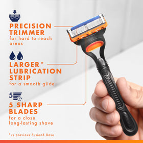 Close-up of Gillette Fusion5 razor blade with lubrication strip