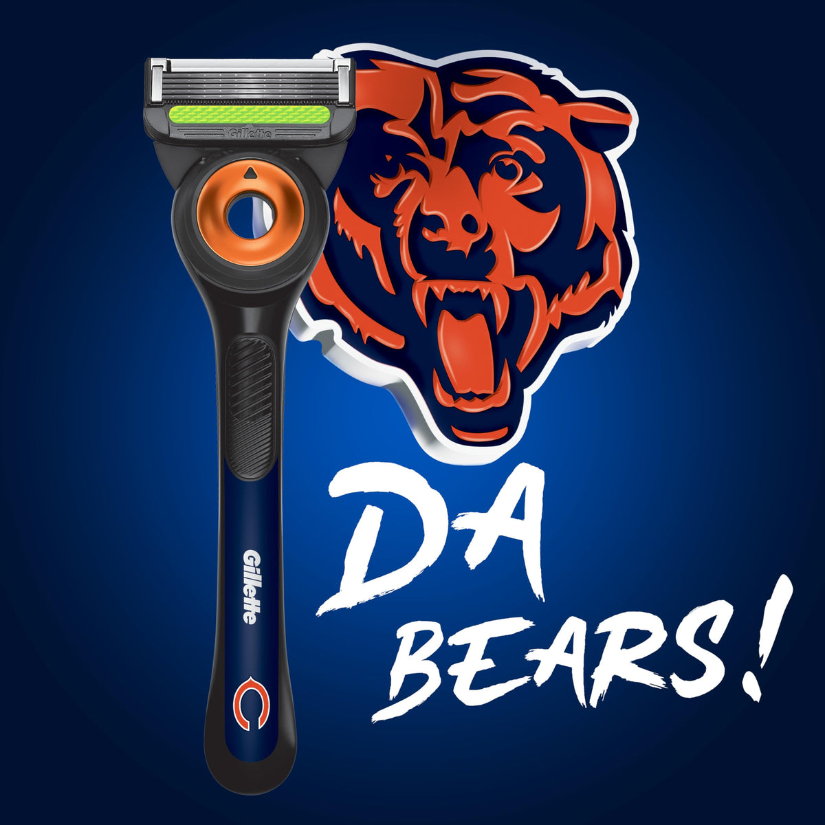 Close-up of Gillette Labs NFL Bears Edition razor blades
