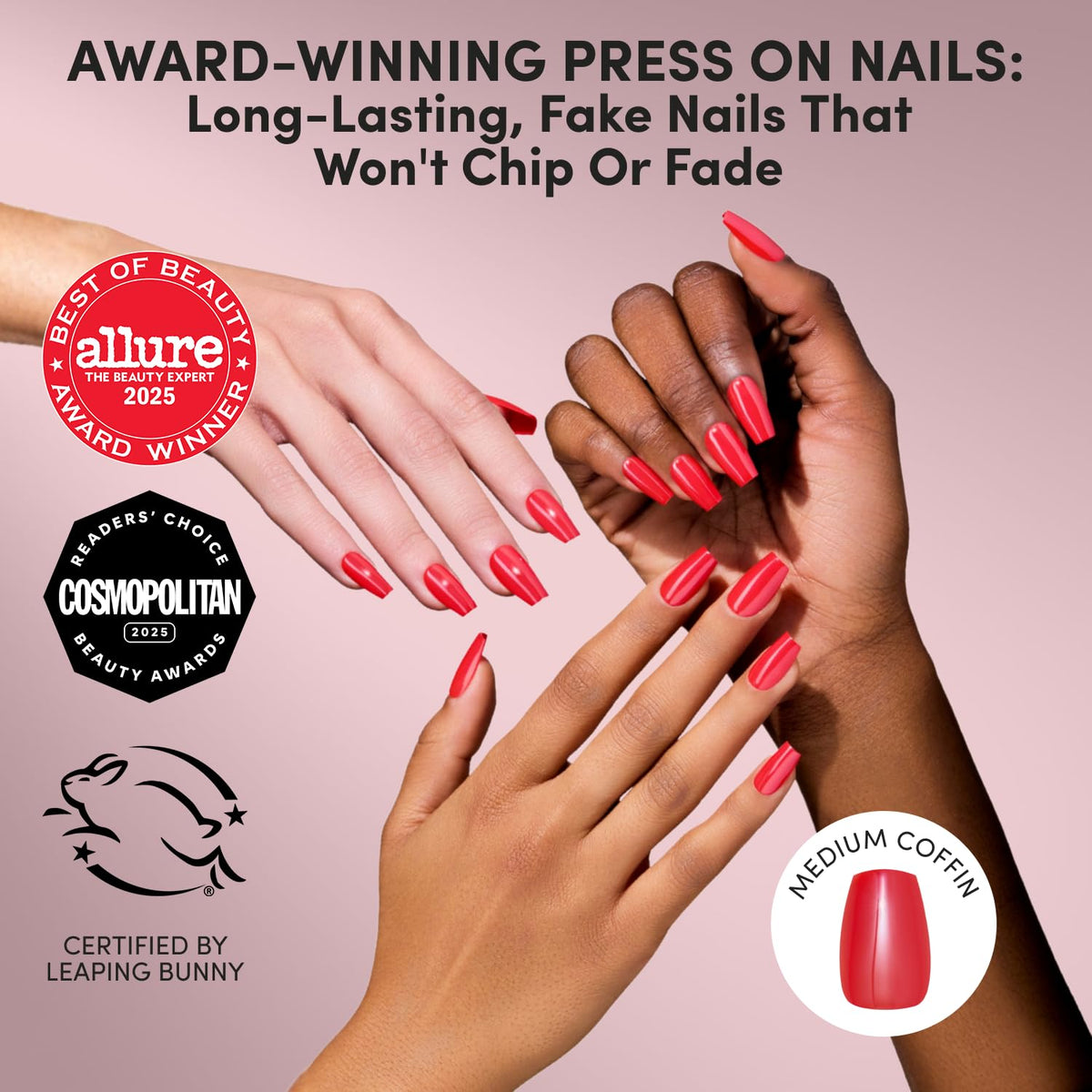 Close-up of Glamnetic Glazed Red Press On Nails showing high-shine finish