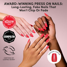 Close-up of Glamnetic Glazed Red Press On Nails showing high-shine finish