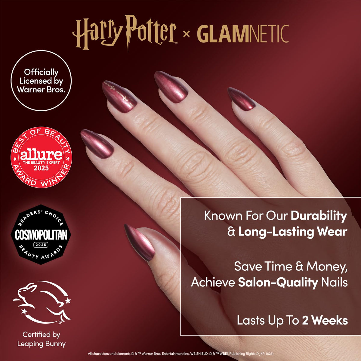 Close-up of Glamnetic Gryffindor Press On Nails with Sword of Gryffindor graphic