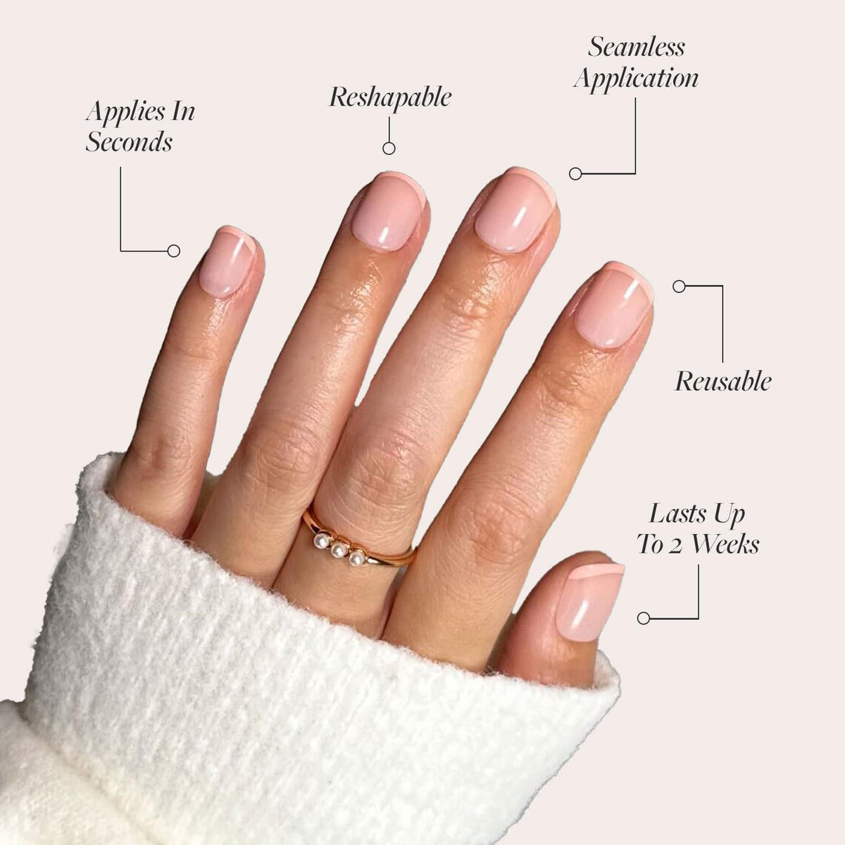 Close-up of Glamnetic Press On Nails in pastel peach shade