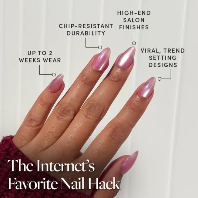 Close-up of Glamnetic Press On Nails Short Almond Velvet in pink shade