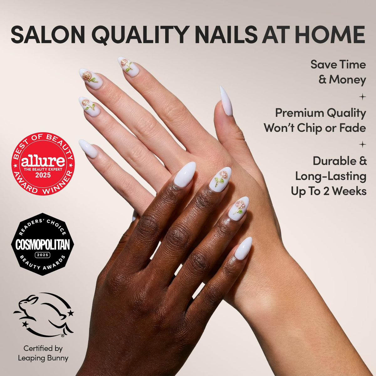 Close-up of Glamnetic Press On Nails with 3D rose accents