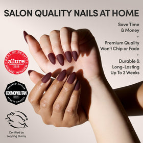Close-up of Glamnetic Short Almond Matte Nails in storage box