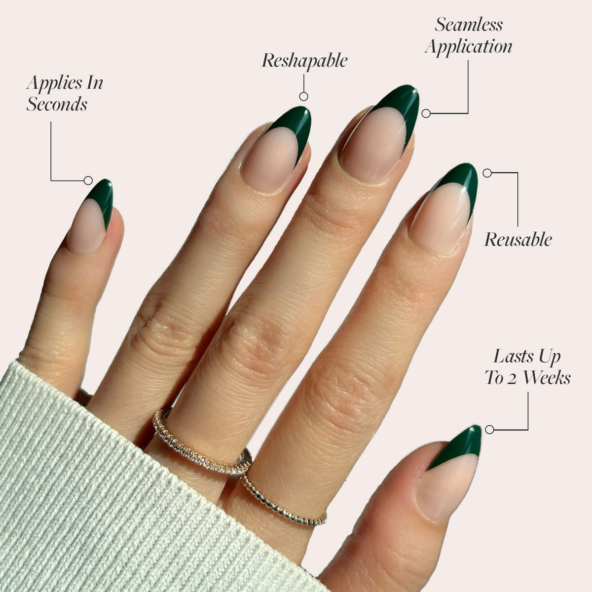 Close-up of Glamnetic Short Almond Nails with dark forest green tips
