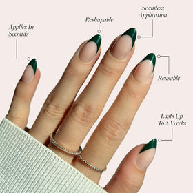Close-up of Glamnetic Short Almond Nails with dark forest green tips