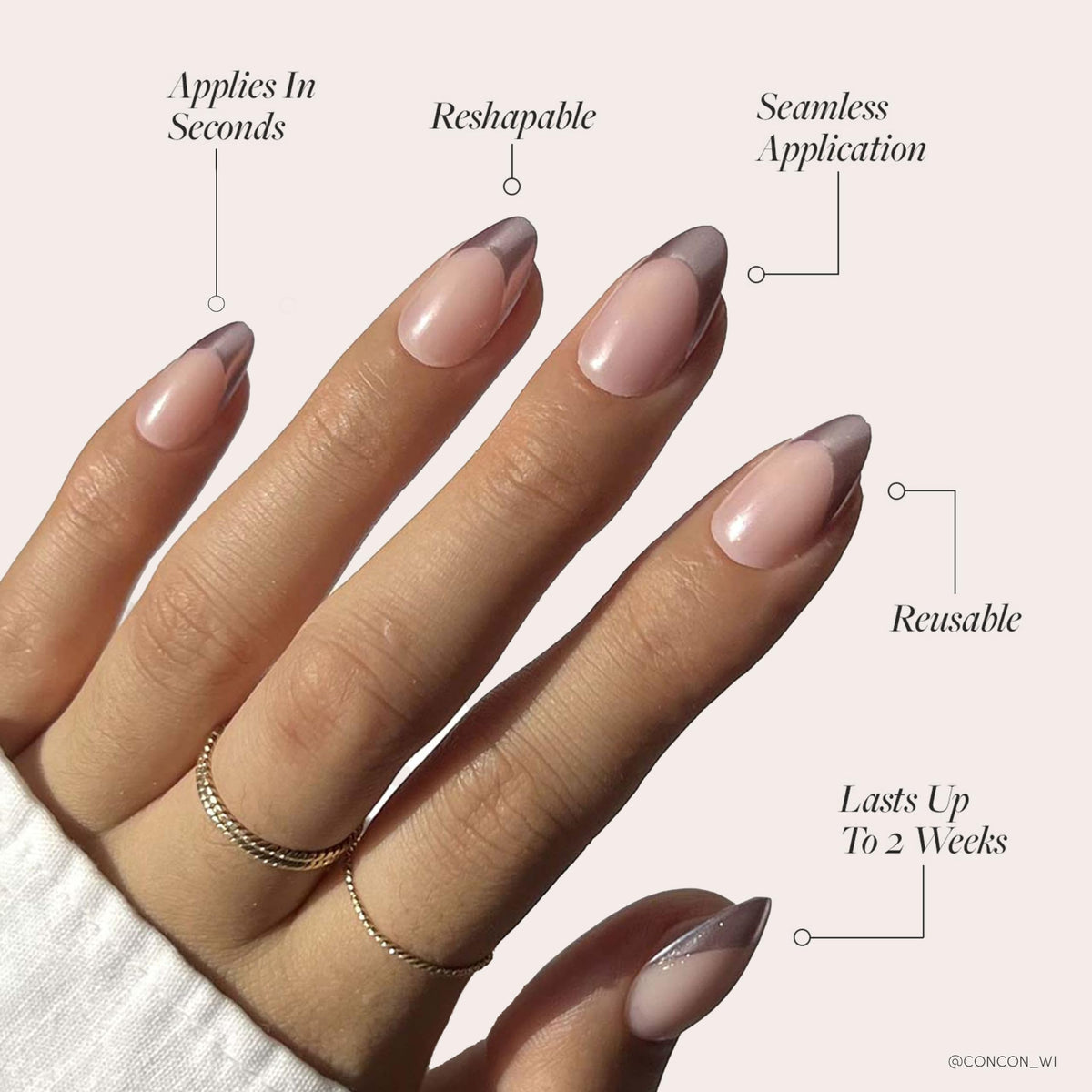 Close-up of Glamnetic Short Almond nails with metallic pink tips