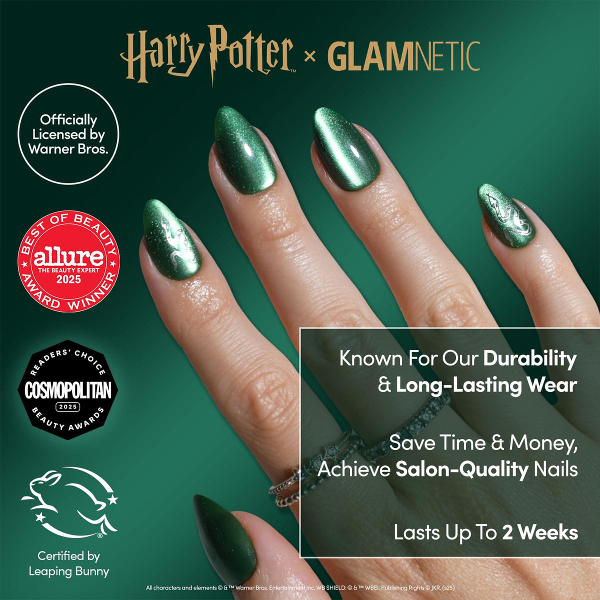 Close-up of Glamnetic Slytherin Press On Nails showing silver foil serpent design