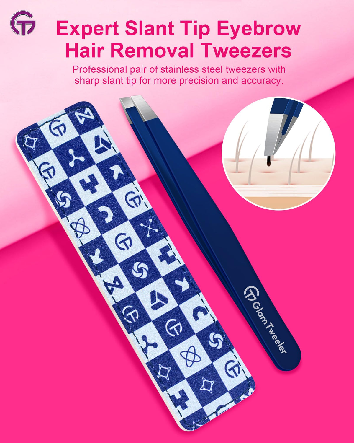 Close-up of GlamTweeler slant tip tweezers gripping fine hair
