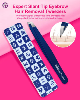 Close-up of GlamTweeler slant tip tweezers gripping fine hair