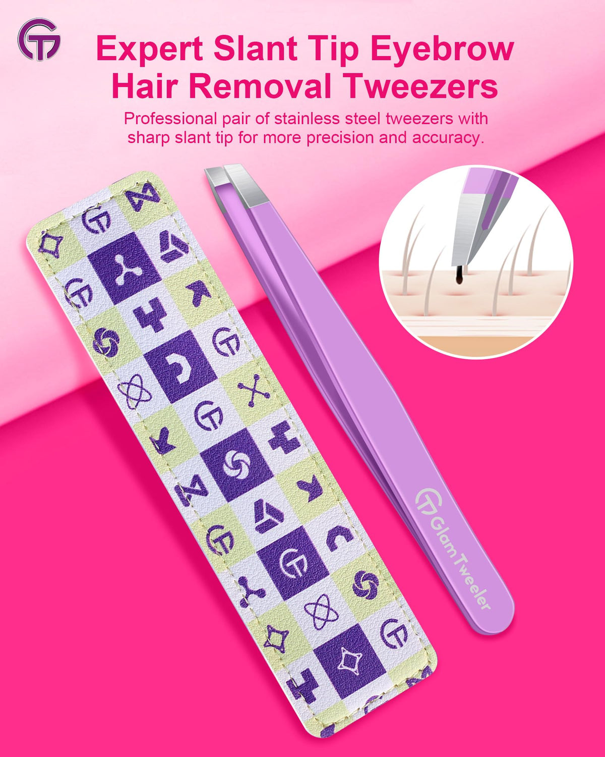 Close-up of GlamTweeler slant tip tweezers showing precision tips