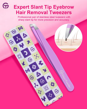 Close-up of GlamTweeler slant tip tweezers showing precision tips