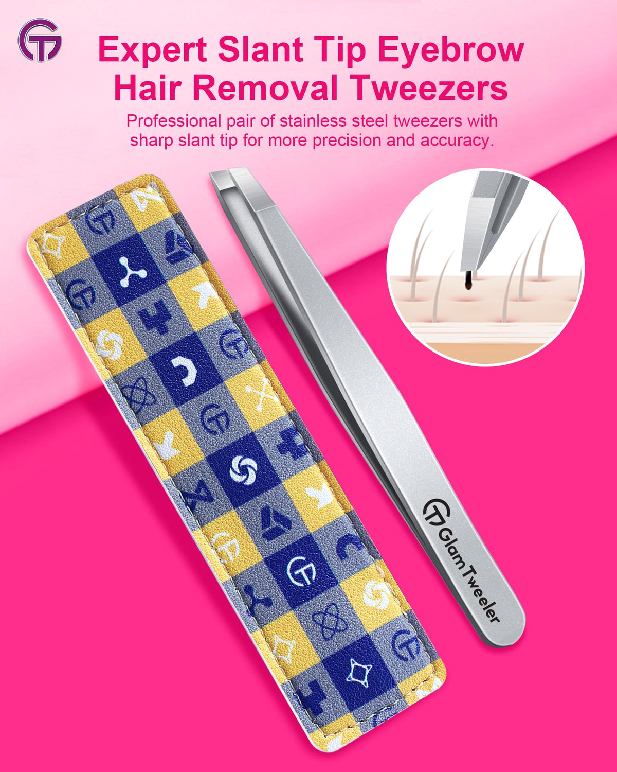 Close-up of GlamTweeler slant tip tweezers showing precision tips