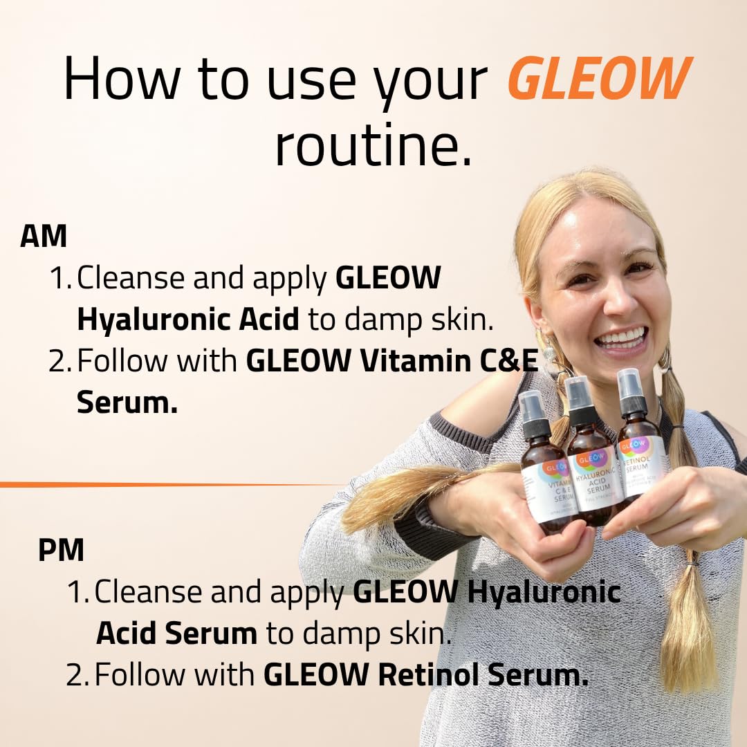 Close-up of GLEOW serums with ingredients list