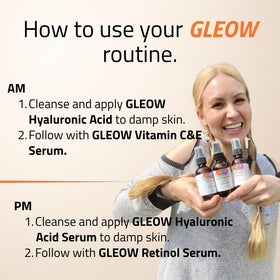 Close-up of GLEOW serums with ingredients list