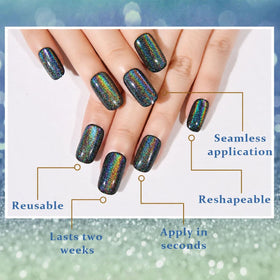 close-up of glossy black chrome finish on press on nails