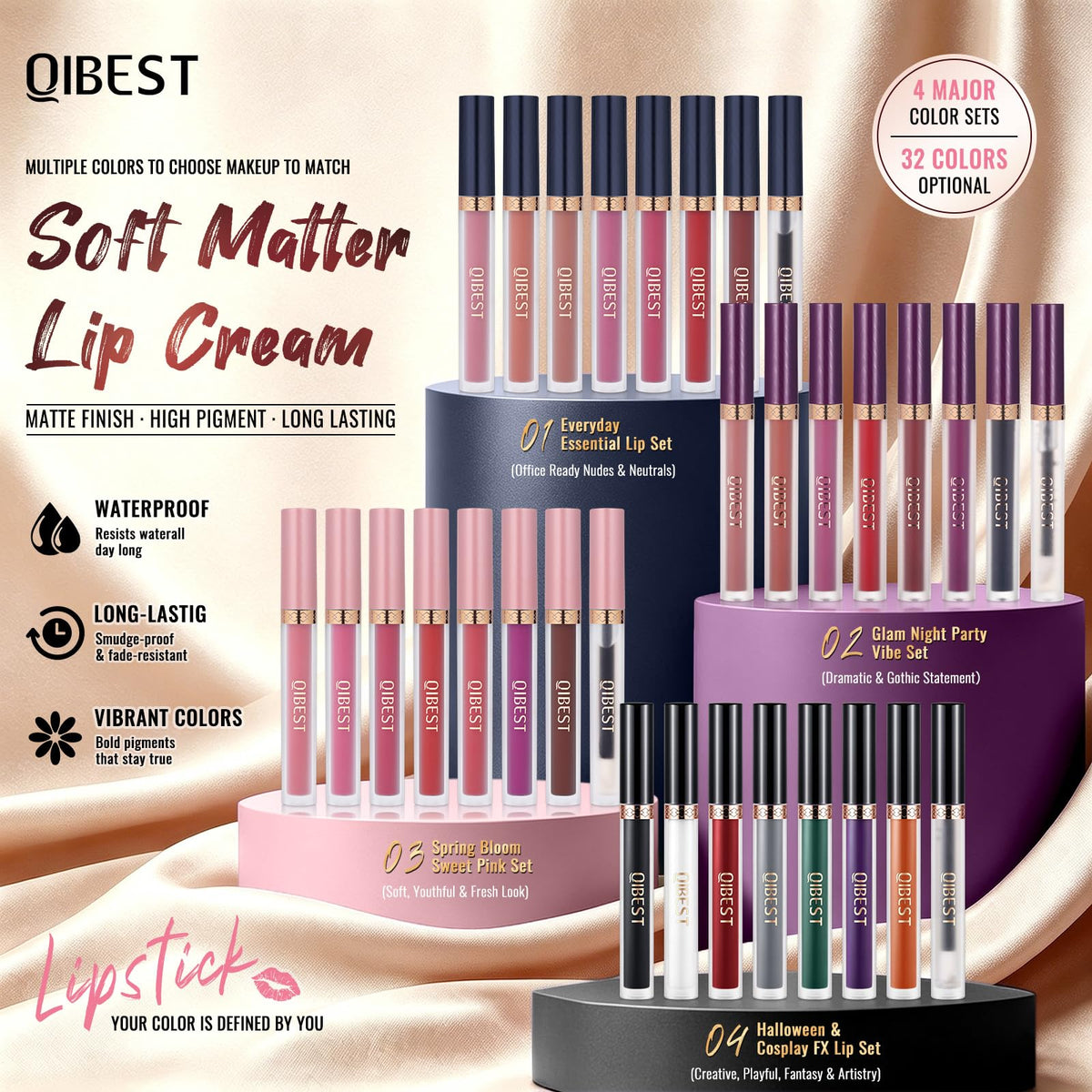 Close-up of glossy lip plumper from QiBest lipstick set