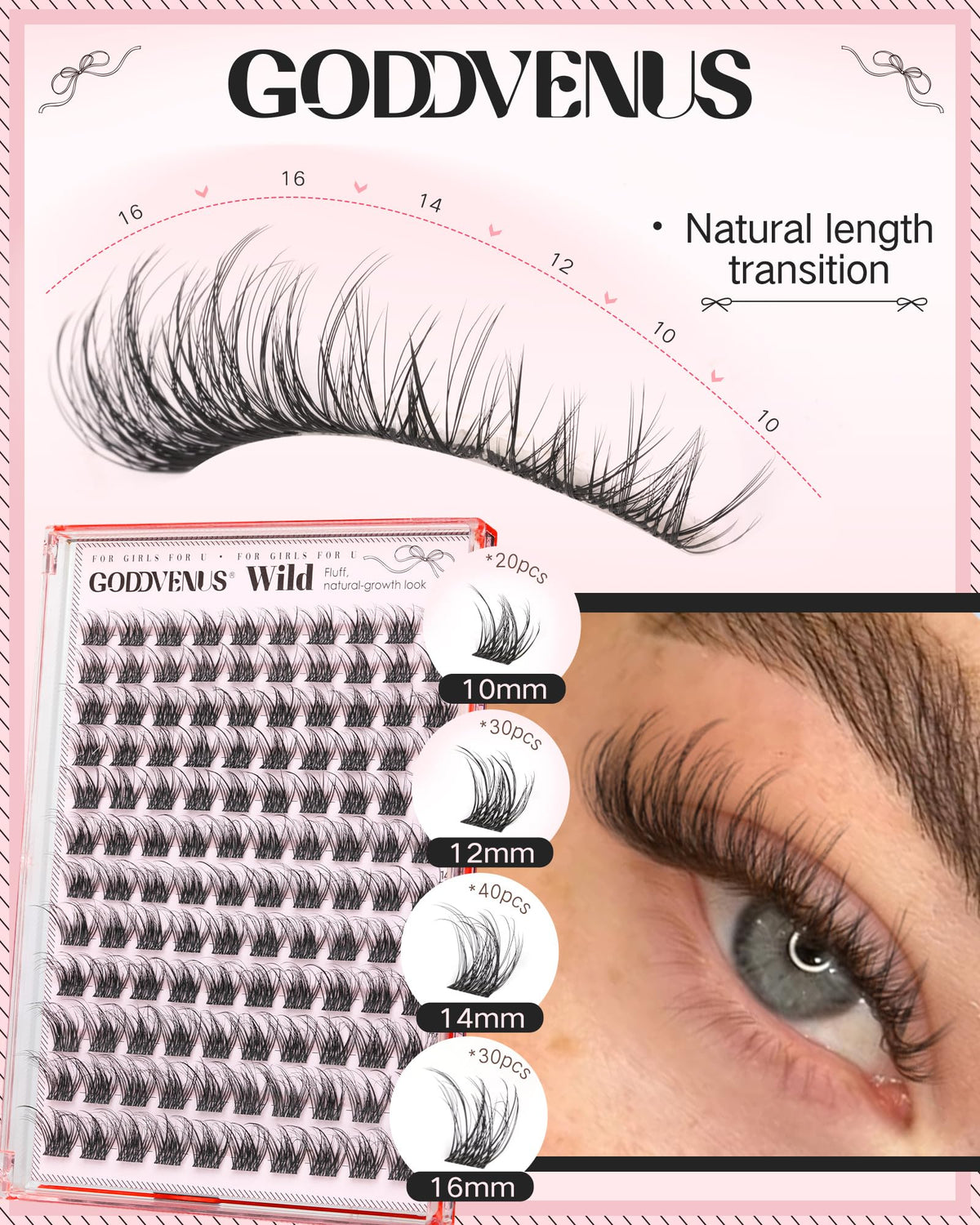 Close-up of Goddvenus D Curl lash clusters