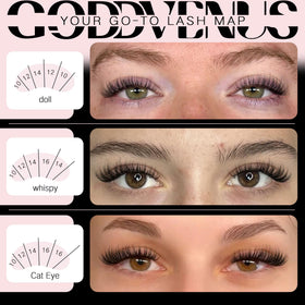 Close-up of Goddvenus D Curl lash clusters on display