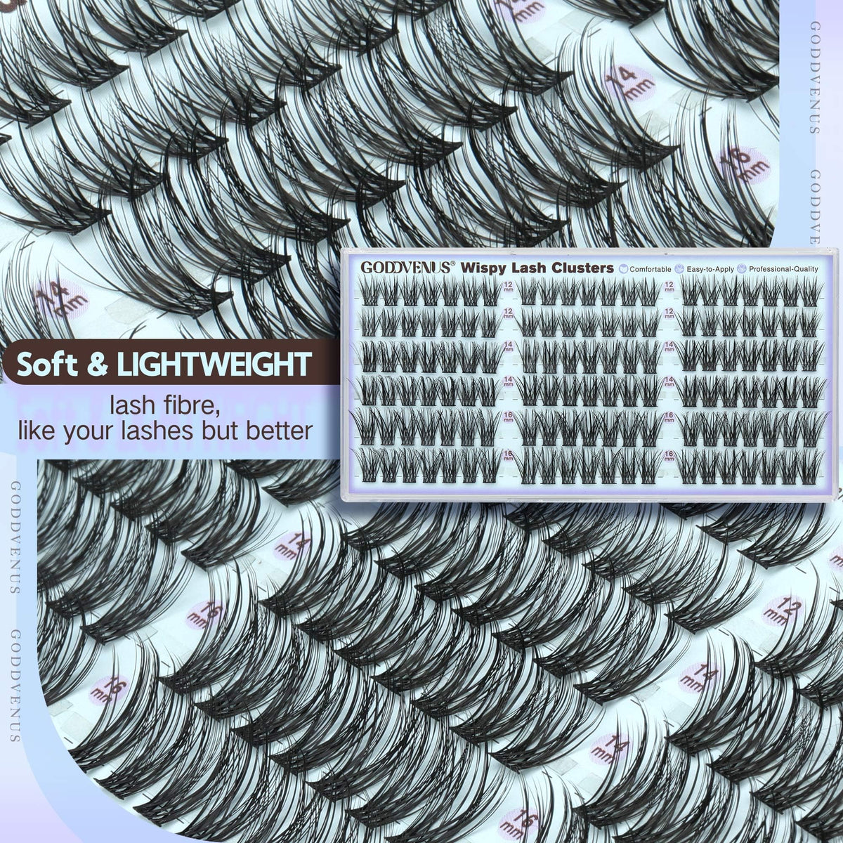 Close-up of Goddvenus lash clusters with adhesive