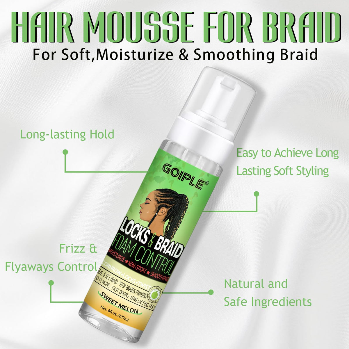 Close-up of Goiple Braid Mousse texture on hair