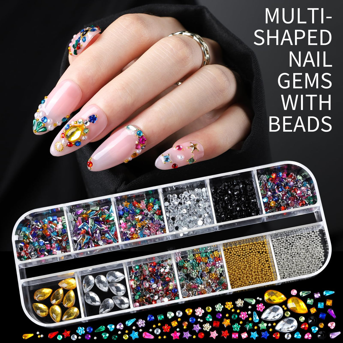 Close-up of gold nail charms and multi-shaped nail gems