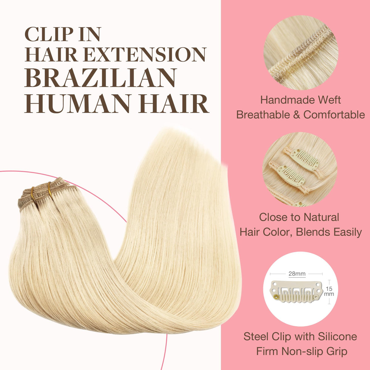 Close-up of GOO GOO Clip in Hair Extensions clips and hair texture