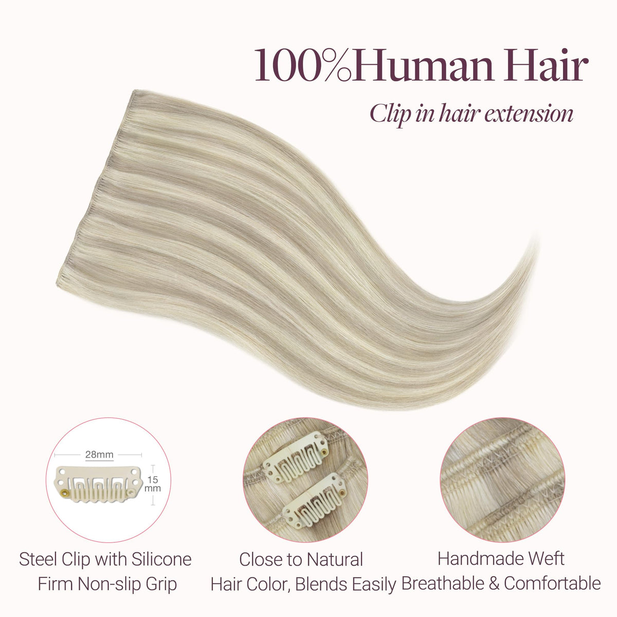 Close-up of GOO GOO Clip in Hair Extensions clips and weft