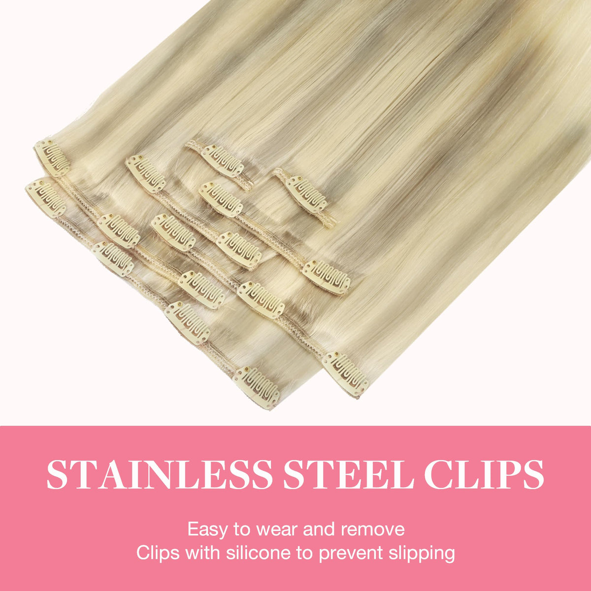 Close-up of GOO GOO Clip in Hair Extensions showing clips