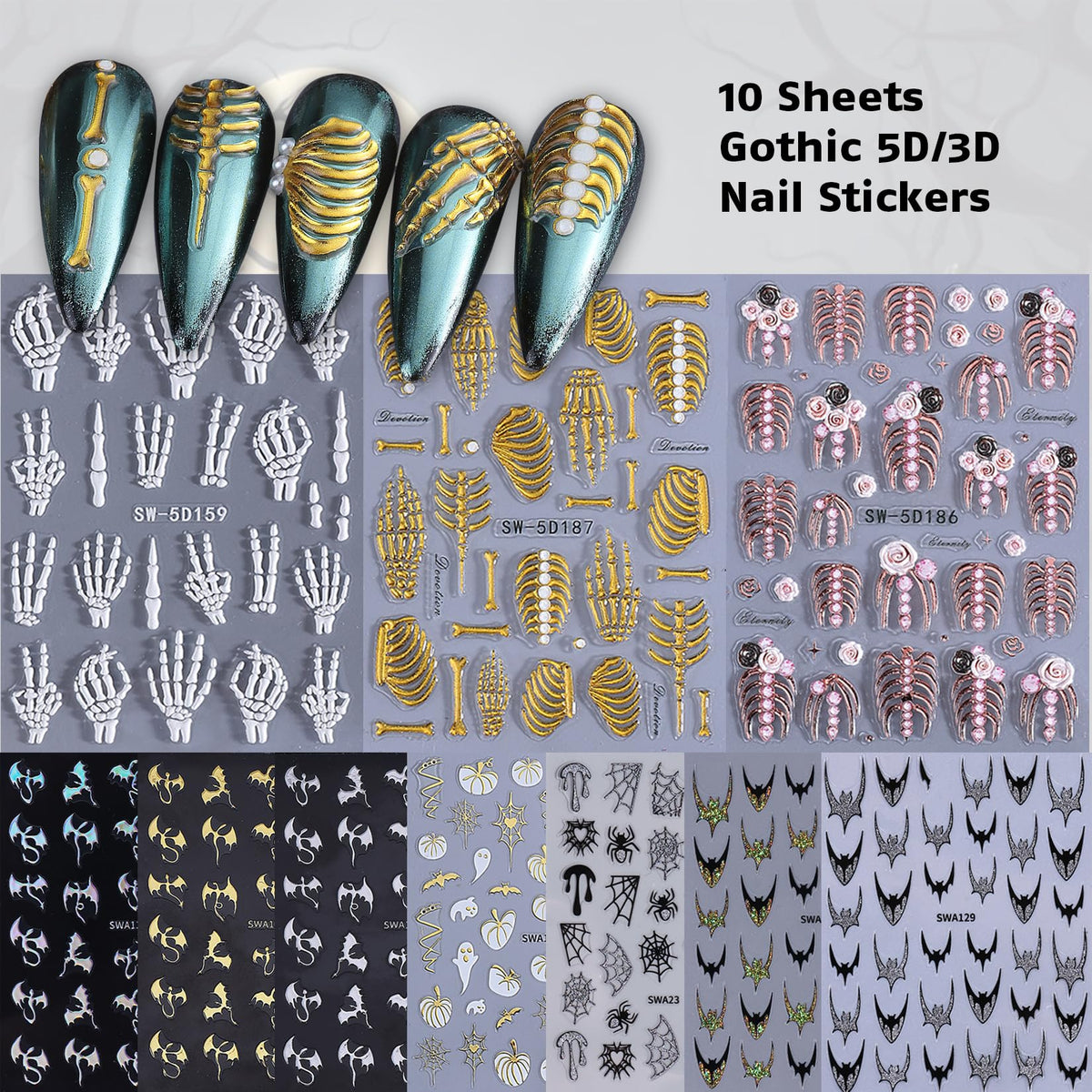 Close-up of Gothic 5D nail stickers with skeleton designs