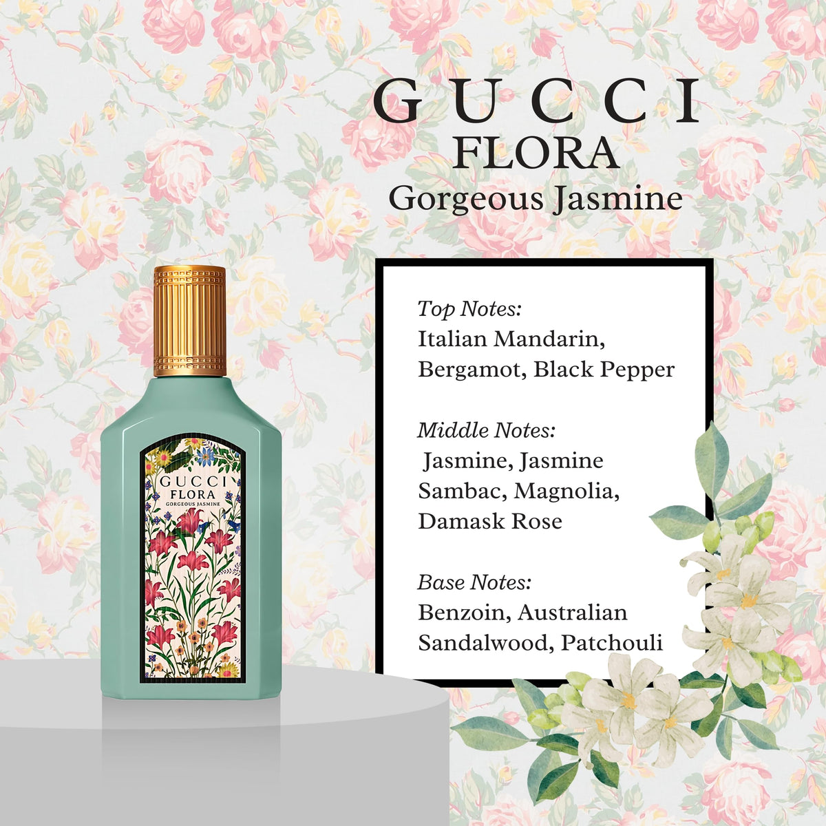 Close-up of Gucci Flora Gorgeous Magnolia EDP bottle