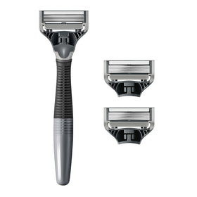 Close-up of Harry's Truman razor handle with textured grip