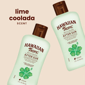 Close-up of Hawaiian Tropic After Sun Lotion bottle with lime coolada scent