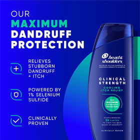 Close-up of Head & Shoulders Clinical Strength Shampoo bottle with 1% Selenium Sulfide