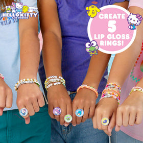 Close-up of Hello Kitty lip gloss rings in assorted colours