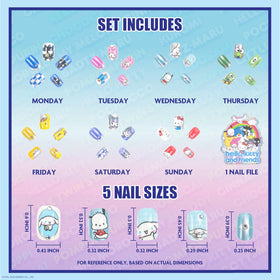 Close-up of Hello Kitty press-on nails featuring Kuromi and Pompompurin
