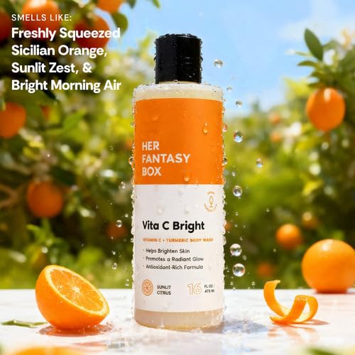 Close-up of Her Fantasy Box Vita C Bright Turmeric Body Wash label
