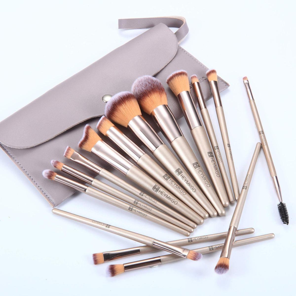 Close-up of HEYMKGO makeup brushes with soft synthetic bristles
