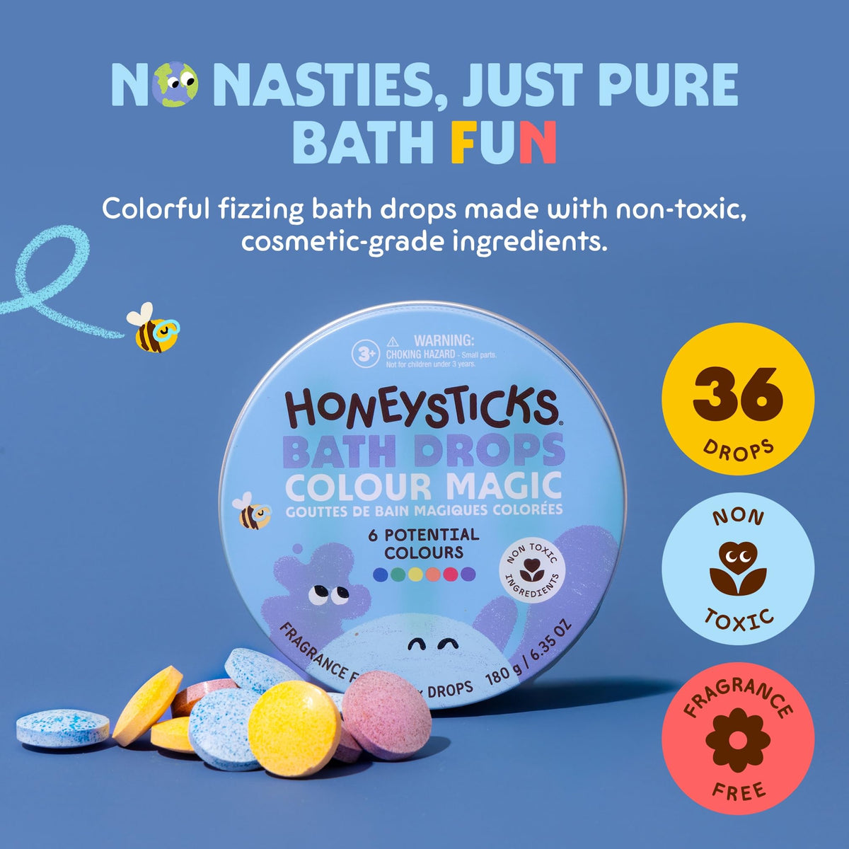 Close-up of Honeysticks Bath Color Tablets showing vibrant colours
